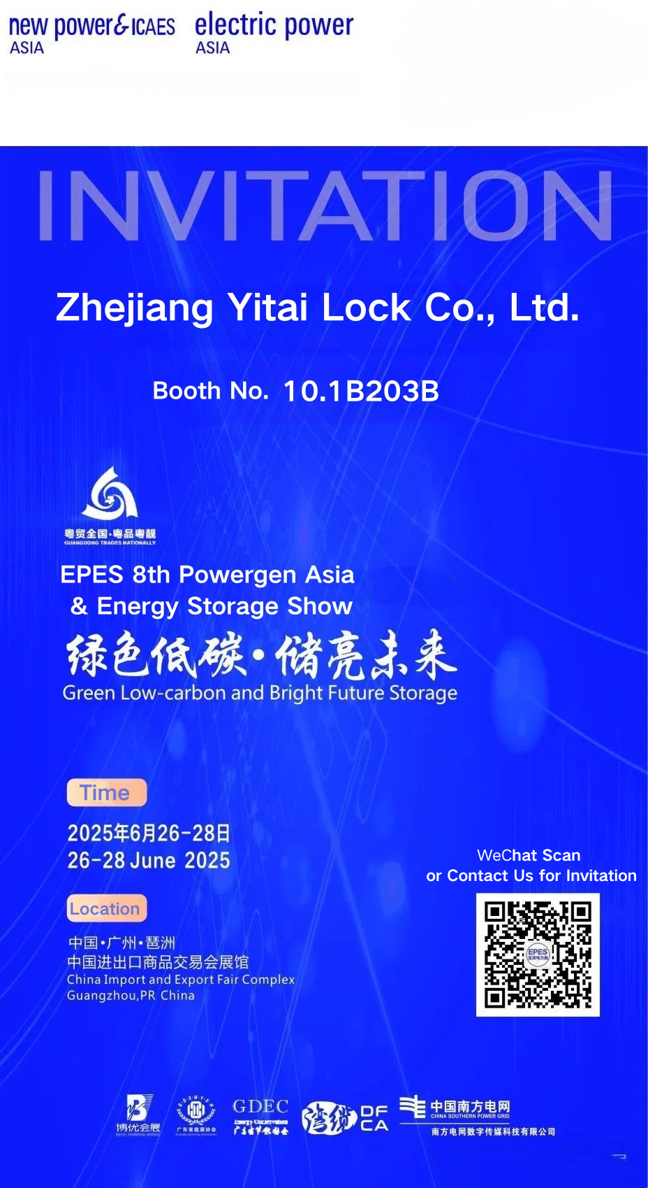 Yitai Lock inviterer dig til at deltage i Electric Power/New Power Asia-udstillingen den 26.-28. Juni